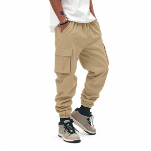 Pantaloni cargo color kaki da uomo con tasche multiple ed elastici alle caviglie per outdoor