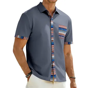 Detail view of men's casual short sleeve shirt featuring Bohemian striped trim