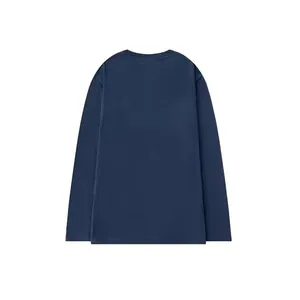 Back view detail of a plain navy blue long-sleeved T-shirt made of pure cotton fabric