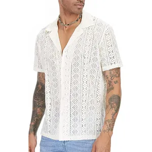 Detail of men's white lace hollow-out short sleeve shirt with lapel and button-up design.
