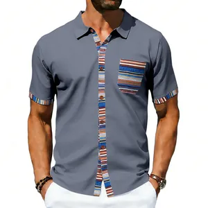 Close-up of men's gray casual shirt with bohemian striped contrast on pocket and placket.