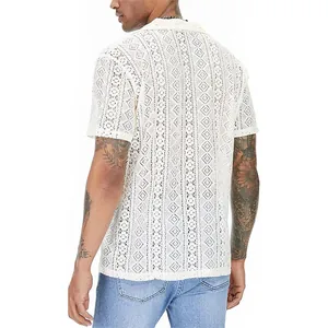 Detailed back view of a men's white lace hollow-out short sleeve shirt with lapel