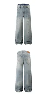 Detailed front and back views of men's loose straight denim jeans with rhinestone star pattern