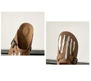 Close-up detail shots of brown suede clogs with white bone applique and ergonomic footbed