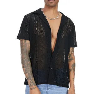 Stylish men's black lace hollow-out short sleeve shirt with geometric see-through pattern