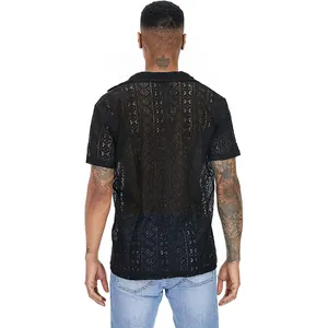 Back view of black lace hollow out short sleeve men's sheer shirt for stylish summer look