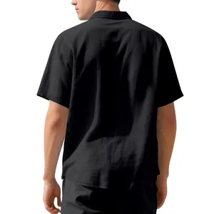Back view of an American-style men's summer short-sleeve woven black casual shirt