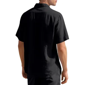 Detailed back view of a minimalist black short-sleeve woven shirt for men in summer