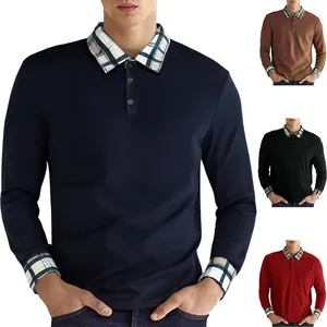 Herren Casual Waffelstrick Langarm Polo-Shirt Karo Besatz Revers Top Knopfleiste Herbst Leicht Komfortabel Polo Top
