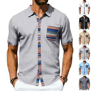 Men's Summer Bohemian Short Sleeve Shirt Contrast Color Patchwork Pocket Lapel Casual Polyester Spandex Vacation Top