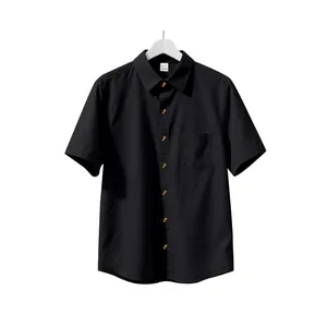 Detailed view of a black short-sleeve shirt with a lapel collar and chest pocket.