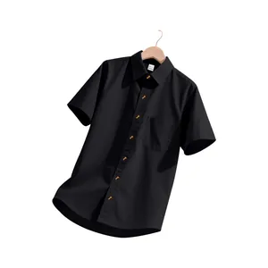 Men's classic black short-sleeved button-down shirt with chest pocket and amber buttons