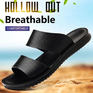 Sandalias de playa para hombre negras transpirables con correas de cuero y suelas blandas