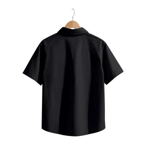 Detailed back view of a classic black short-sleeved woven button-down shirt for men