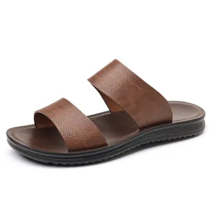 Chanclas de cuero marrón para hombre con doble tira y suela suave antideslizante