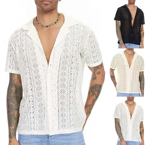 Men Sexy Lace Hollow Out Shirt See Through Geometric Pattern Lapel Short Sleeve Cotton Button Down Casual Top For Beach