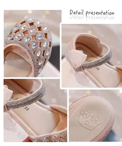 Dettagli delle scarpe rosa da principessa per bambina con strass e ricami traforati