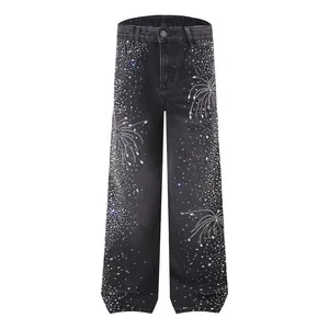 Men's Loose Straight Rhinestone Jeans Streetwear Firework Pattern Baggy Denim Pants Modal Rabbit Hair Cotton Washed Trousers
