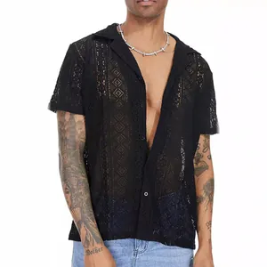 Men's black lace hollow-out short sleeve shirt with sexy see-through fashion design