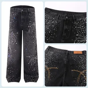 Men's loose straight black denim jeans with sparkling rhinestone firework patterns