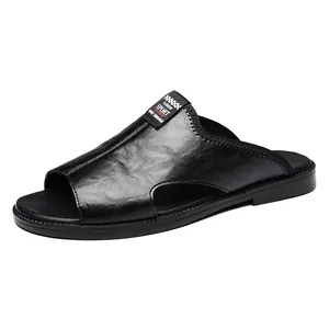 Sandales pour hommes en cuir noir avec semelle souple pour la plage et les loisirs