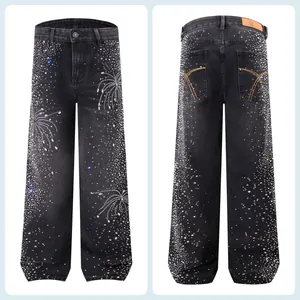Loose straight black denim jeans for men featuring sparkly rhinestone fireworks pattern