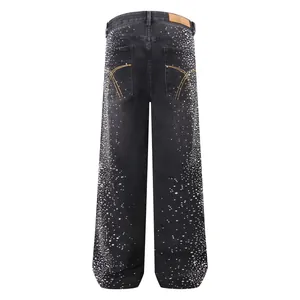 Men's loose straight leg black jeans with heavy rhinestone detailing and back pocket stitching