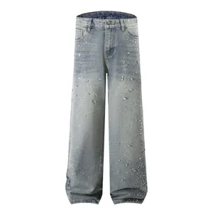 High-quality men's loose straight denim jeans featuring sparkly rhinestone firework patterns