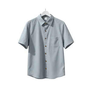 Detailed view of a light blue men's short-sleeved button-down shirt on a white hanger.