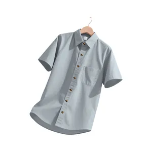 Close-up of a light grey-blue short-sleeve shirt for men with amber buttons on a wooden hanger.