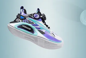 Boys mesh sports shoe with purple and teal accents and rotating buckle closure