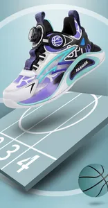 Detailed side view of boy's purple athletic shoe with breathable mesh and rotary buckle