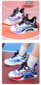 Close-up detail of boys' breathable mesh sneakers with professional rotating knob lacing system.