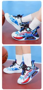 Detailed view of boy's blue and white sneakers with rotating buckle closure