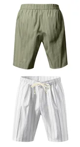 Detailed view of men's striped linen shorts in olive and white with drawstring waist