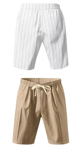 Men's breathable striped linen shorts with drawstring waist in white and khaki colors