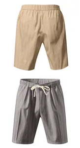 Front view of khaki and grey men's loose striped linen shorts with drawstring waist