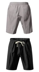 Detailed view of men's breathable striped linen shorts in grey and black color options
