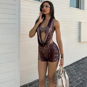 Sexy zweiteiliges Set mit Schlangenmuster, Neckholder und tiefem V-Ausschnitt für Damen
