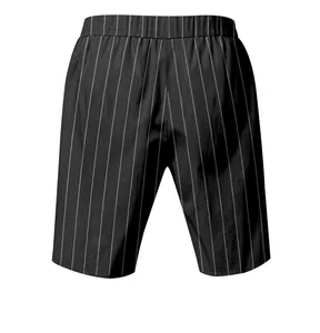 Detailed back view of men's loose black pinstripe linen shorts with elastic waist