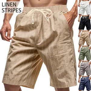 Men Striped Linen Shorts Loose Fit Casual Beach Shorts Elastic Waist Drawstring Summer Breathable Lightweight Bottom
