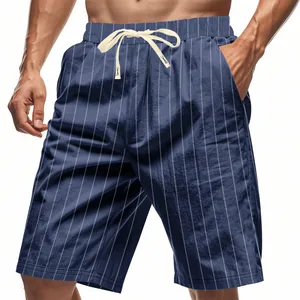 Men's loose striped linen casual shorts with drawstring for beach and summer