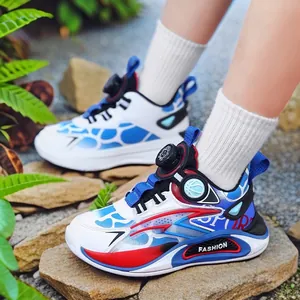 Boys' breathable mesh running shoes with rotating buckle dial in blue and white.
