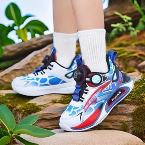 Boys breathable mesh running shoes with convenient rotary buckle closure system