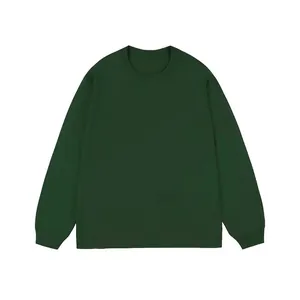 Detailed front flat lay view of a premium dark green crew neck cotton long-sleeve T-shirt