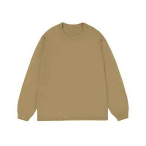 Full front view of a premium 280g heavy cotton men's long sleeve T-shirt in khaki