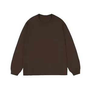 Camiseta de manga larga para hombre de algodón puro marrón de 280g estilo minimalista