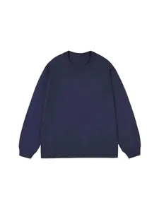 Navy blue long sleeve men's crew neck cotton T-shirt with ribbed cuffs and simple design