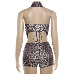 Sexyes Leopard-Print Neckholder-Top rückenfrei und High-Waist-Shorts Set Sommer
