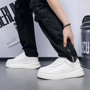 Men's white leather platform sneakers with thick soles and breathable casual design